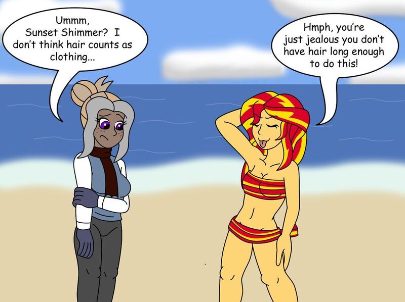 Size: 1024x766 | Tagged: safe, artist:gameboysage, derpibooru import, sunset shimmer, oc, oc:textile, comic:where the sunsets but don't shine, equestria girls, belly button, bikini, breasts, cleavage, clothed female nude female, clothes, dialogue, female, godiva hair, image, jpeg, nudity, practitioner of naturism, strategically covered, swimsuit, unembarrassed nude female