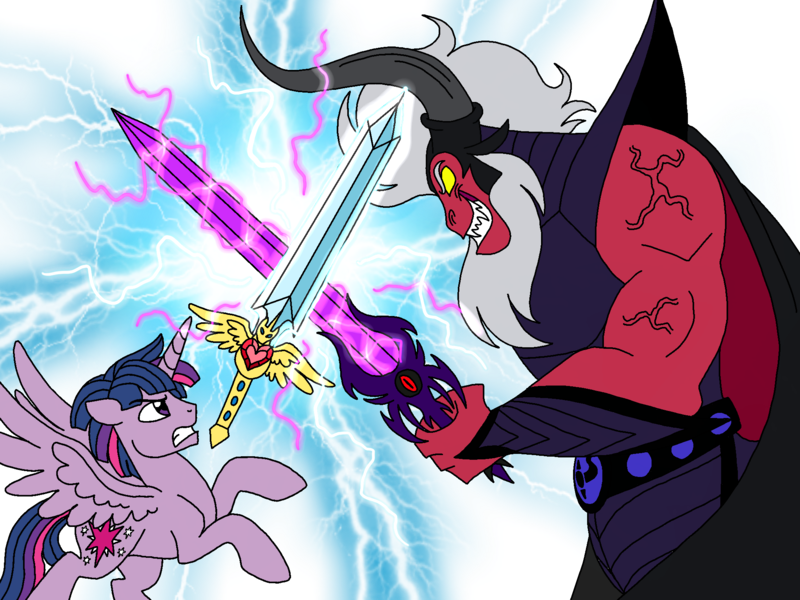 Size: 2048x1536 | Tagged: safe, artist:melspyrose, derpibooru import, lord tirek, twilight sparkle, twilight sparkle (alicorn), alicorn, pony, dusk shine, glowing eyes, glowing horn, gritted teeth, horn, image, png, prince dusk, reference to another series, rule 63, sword, weapon