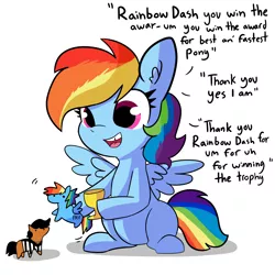 Size: 4110x4110 | Tagged: safe, artist:tjpones, derpibooru import, rainbow dash, pegasus, pony, comic:fillies, cute, dashabetes, dialogue, doll, editorial cutie mark, female, filly, filly rainbow dash, hoof hold, image, playing, png, simple background, sitting, solo, tjpones is trying to murder us, tooth gap, toy, trophy, um, white background, younger