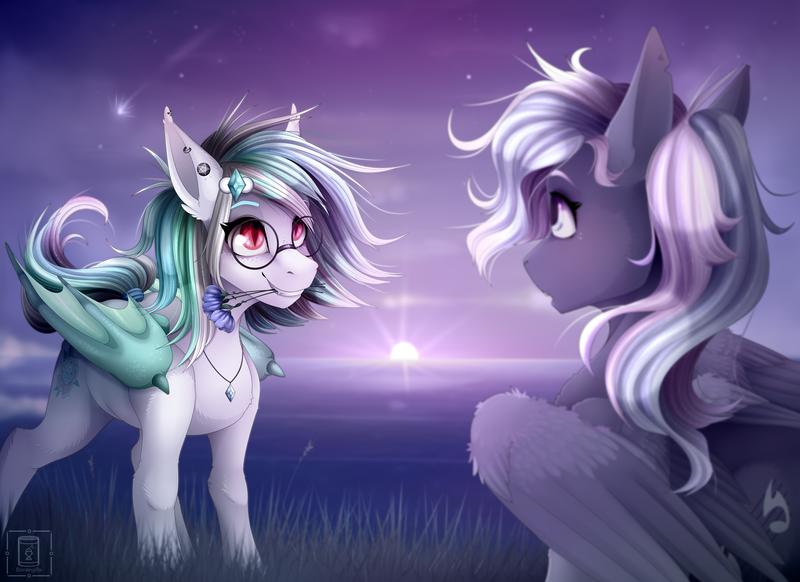 Size: 6496x4724 | Tagged: safe, artist:buvanybu, derpibooru import, oc, unnamed oc, unofficial characters only, bat pony, pegasus, pony, absurd resolution, bat pony oc, bat wings, commission, ear piercing, earring, flower, flower in mouth, glasses, grass, hair accessory, image, jewelry, looking at each other, mouth hold, pegasus oc, pendant, piercing, png, round glasses, shooting star, twilight (astronomy), wings