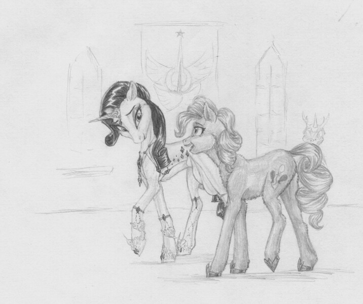 Size: 3478x2916 | Tagged: safe, artist:joestick, derpibooru import, pinkie pie, rarity, changeling, earth pony, pony, unicorn, castle, changeling guard, clothes, female, image, jewelry, jpeg, mare, monochrome, shoes, traditional art, window