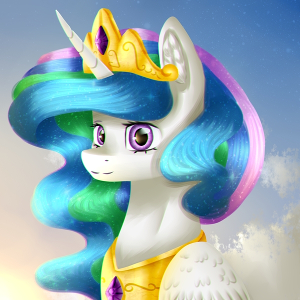 Size: 2000x2000 | Tagged: safe, artist:brilliant-luna, derpibooru import, princess celestia, alicorn, pony, bust, crown, ear fluff, female, image, jewelry, jpeg, mare, portrait, regalia, solo