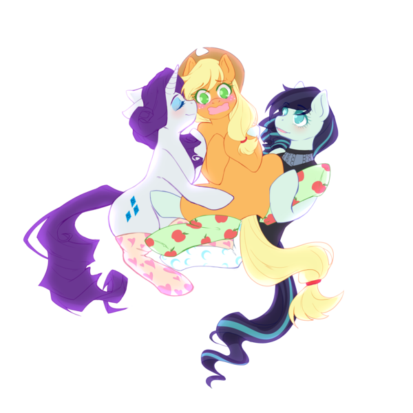 Size: 2500x2500 | Tagged: safe, artist:the-cat1, derpibooru import, applejack, coloratura, rarity, earth pony, pony, unicorn, applejack gets all the mares, applejack's hat, blushing, clothes, colorarijack, commission, cowboy hat, dress, eyes closed, eyeshadow, female, flustered, hat, hug, image, kiss on the cheek, kissing, lesbian, makeup, mare, open mouth, png, polygamy, rarajack, rarararara, rarijack, shipping, simple background, socks, thigh highs, transparent background, ych result