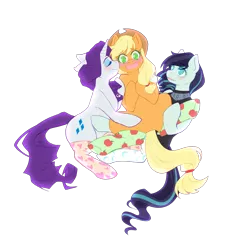 Size: 2500x2500 | Tagged: safe, artist:the-cat1, derpibooru import, applejack, coloratura, rarity, earth pony, pony, unicorn, applejack gets all the mares, applejack's hat, blushing, clothes, colorarijack, commission, cowboy hat, dress, eyes closed, eyeshadow, female, flustered, hat, hug, image, kiss on the cheek, kissing, lesbian, makeup, mare, open mouth, png, polygamy, rarajack, rarararara, rarijack, shipping, simple background, socks, thigh highs, transparent background, ych result