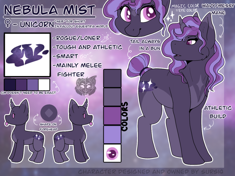 Size: 1366x1024 | Tagged: safe, artist:sursiq, derpibooru import, oc, oc:nebula mist, pony, unicorn, fallout equestria, fallout equestria oc, image, multicolored hair, multicolored mane, multicolored tail, pink eyes, png, reference sheet, solo, tail bun