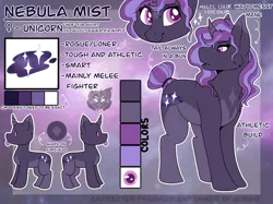 Size: 1366x1024 | Tagged: safe, artist:sursiq, derpibooru import, oc, oc:nebula mist, pony, unicorn, fallout equestria, fallout equestria oc, image, multicolored hair, multicolored mane, multicolored tail, pink eyes, png, reference sheet, solo, tail bun