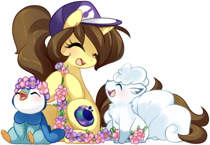 Size: 1441x1000 | Tagged: safe, artist:loyaldis, derpibooru import, oc, oc:astral flare, piplup, vulpix, adorable face, alolan vulpix, blushing, cute, daaaaaaaaaaaw, eyes closed, flower, hat, image, png, pokémon, pokémon trainer, simple background, smiling, transparent background