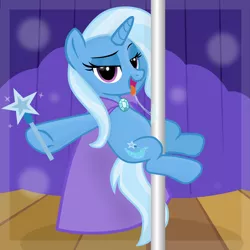 Size: 2992x2996 | Tagged: suggestive, artist:grapefruit-face, derpibooru import, trixie, pony, unicorn, cape, clothes, drool, drool string, image, looking at you, magic wand, open mouth, png, pole dancing, stripper pole, tongue out, trixie's cape