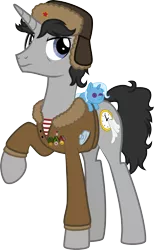 Size: 1802x2931 | Tagged: safe, artist:lightning stripe, derpibooru import, trixie, oc, oc:ragtime melody, pony, unicorn, black mane, black tail, blue eyes, clothes, commission, cutie mark, derpibooru exclusive, flask, gray coat, hat, image, jacket, long legs, male, medal, medals, one hoof raised, png, scowl, scowling, show accurate, simple background, solo, stallion, transparent background, trixie plushie, ushanka, vector
