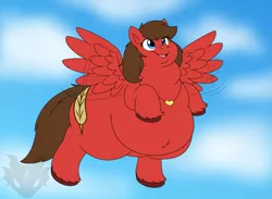 Size: 1801x1321 | Tagged: safe, artist:jouigidragon, derpibooru import, oc, oc:redbow rose, unofficial characters only, pegasus, pony, belly, fat, flying, image, jewelry, necklace, obese, pegasus oc, png, smiling, solo, spread wings, wings
