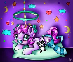 Size: 1280x1087 | Tagged: safe, artist:appleneedle, derpibooru import, oc, oc:lovely honesty, bear, panda, pegasus, pony, art, character, clothes, digital, draw, drawing, fanart, image, jpeg, pacifier, paint, painting, patreon, photo, pillow, plushie, reward, socks, striped socks, wall