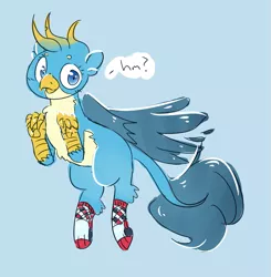Size: 799x815 | Tagged: safe, artist:tilling-tan, derpibooru import, gallus, gryphon, blue background, clothes, drawthread, female, image, png, requested art, rule 63, simple background, socks, solo