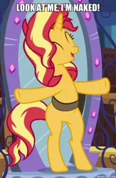 Size: 600x922 | Tagged: safe, derpibooru import, edit, edited screencap, screencap, sunset shimmer, equestria girls, equestria girls series, forgotten friendship, bag, bipedal, caption, image, image macro, jpeg, memeful.com, saddle bag, solo, spongebob reference, spongebob squarepants, t pose, text, we don't normally wear clothes