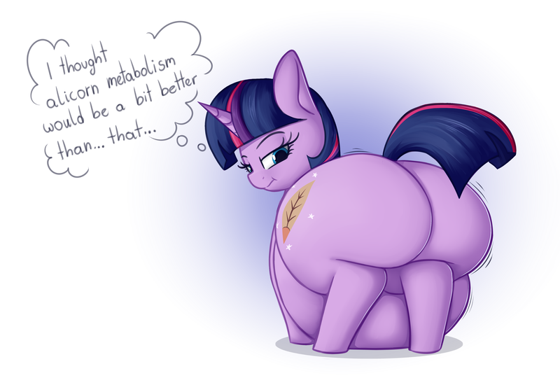 Size: 3305x2229 | Tagged: suggestive, artist:andesblorps, derpibooru import, twilight sparkle, twilight sparkle (alicorn), oc, oc:redbow rose, oc:twibow rose, alicorn, pony, belly, belly on floor, big belly, butt, fat, female, fusion, image, large butt, lidded eyes, looking back, mare, obese, plot, png, solo, solo female, the ass was fat, thought bubble, transformation, twilard sparkle