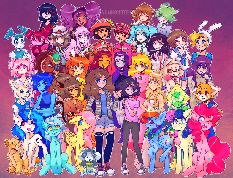 Size: 3111x2378 | Tagged: safe, artist:yumkandie, derpibooru import, bon bon, fluttershy, lyra heartstrings, pinkie pie, rainbow dash, sweetie drops, vinyl scratch, big cat, earth pony, human, inkling, lion, pegasus, pony, robot, temmie, unicorn, ;p, adventure time, aggretsuko, arm around neck, catra, cheek fluff, chest fluff, clothes, converse, crossover, crown, danganronpa, doki doki literature club, entrapta, eyebrows, female, fenneko, fionna, floppy ears, george harrison, group, hat, hatsune miku, hoodie, image, jenny wakeman, jewelry, kill la kill, lapis lazuli (steven universe), lesbian, mako mankanshoku, male, marina, megurine luka, my life as a teenage robot, nala, natsuki, no pupils, off the hook, one eye closed, pants, pearl, peridot (steven universe), png, pokémon, pokémon trainer, princess daisy, princess peach, raven (teen titans), regalia, retsuko, ringo starr, ryuko matoi, sgt. pepper's lonely hearts club band, she-ra, she-ra and the princesses of power, shirt, shoes, shorts, socks, spinel (steven universe), splatoon, splatoon 2, starfire, steven universe, super mario bros., teen titans, the beatles, the lion king, thigh highs, tiara, tongue out, undertale, vocaloid, yuri (ddlc)