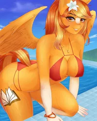 Size: 1024x1280 | Tagged: safe, artist:winnigrette, derpibooru import, oc, unofficial characters only, anthro, pegasus, bikini, breasts, clothes, commission, cutie mark, digital art, female, flower, flower in hair, image, jpeg, looking at you, smiling, smiling at you, solo, solo female, spread wings, swimming pool, swimsuit, tail, thighs, wide hips, wings, ych result