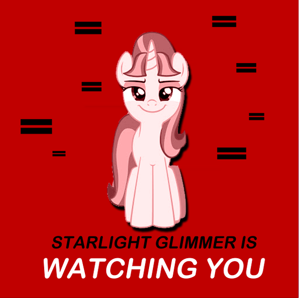 Size: 616x614 | Tagged: artist needed, safe, derpibooru import, starlight glimmer, pony, unicorn, the cutie map, big brother is watching, caption, communism, equal cutie mark, equality, equality mark, female, image, looking at you, mare, meme, png, propaganda, propaganda poster, red background, s5 starlight, simple background, solo, stalin glimmer, text, this will end in communism, this will end in equalization, this will end in gulag