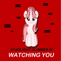 Size: 616x614 | Tagged: artist needed, safe, derpibooru import, starlight glimmer, pony, unicorn, the cutie map, big brother is watching, caption, communism, equal cutie mark, equality, equality mark, female, image, looking at you, mare, meme, png, propaganda, propaganda poster, red background, s5 starlight, simple background, solo, stalin glimmer, text, this will end in communism, this will end in equalization, this will end in gulag