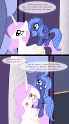 Size: 914x1628 | Tagged: safe, artist:kumkrum, derpibooru import, princess celestia, princess luna, alicorn, pony, comic, cute, cutelestia, female, filly, floppy ears, foal, frown, grin, hair over one eye, image, looking up, luna riding celestia, lunabetes, open mouth, origins, pink-mane celestia, png, ponies riding ponies, riding, siblings, sisters, smiling, spread wings, squee, wide eyes, wings, woona, younger