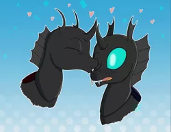 Size: 1553x1190 | Tagged: safe, artist:cha-squared, derpibooru import, oc, oc:coxa, oc:mimesis, unofficial characters only, changeling, pony, abstract background, couple, heart, image, kiss on the cheek, kissing, oc x oc, png, red changeling, secret santa, shipping, surprised