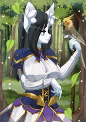 Size: 2480x3508 | Tagged: safe, artist:etiv, derpibooru import, oc, oc:lodey darkshine, unofficial characters only, anthro, bird, cockatiel, earth pony, pony, anthro oc, clothes, commission, ear fluff, ear piercing, female, image, mare, nature, piercing, png, ych result