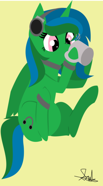 Size: 3371x6054 | Tagged: safe, artist:samsailz, derpibooru import, oc, unofficial characters only, alicorn, pony, alicorn oc, coffee, drinking, headphones, horn, image, lineless, mug, png, simple background, sitting, tail, wings, yellow background