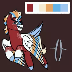 Size: 1063x1063 | Tagged: safe, artist:lieutenantcactus, derpibooru import, oc, oc:spear shaft, pegasus, pony, color palette, colored hooves, colored wings, eyepatch, freckles, image, magical gay spawn, multicolored wings, offspring, parent:flash magnus, parent:rockhoof, parents:rockmagnus, png, solo, tail feathers, wings