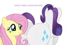 Size: 3697x2233 | Tagged: suggestive, derpibooru import, fluttershy, rarity, original species, pegasus, pony, unicorn, butt, butt sniffing, female, flarity, image, lesbian, looking at her butt, png, shipping