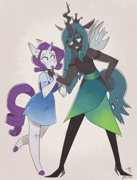 Size: 1340x1758 | Tagged: safe, artist:drmedrick, derpibooru import, queen chrysalis, rarity, anthro, changeling, changeling queen, unicorn, blushing, female, image, png, rarilis