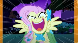 Size: 2048x1145 | Tagged: safe, derpibooru import, edit, edited screencap, screencap, fluttershy, pegasus, pony, the best night ever, >:d, cursed image, image, inverted mouth, png, yelling, you're going to love me