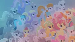 Size: 1920x1080 | Tagged: safe, derpibooru import, screencap, autumn saffron, dawn droplet, jasmine breeze, rich harvest, stargazer (character), thistle rain, unnamed character, unnamed pony, earth pony, pegasus, pony, unicorn, rainbow roadtrip, apple juice (character), background pony, bridle wreath, bright vision, cherry lemonade, colt, confetti party, crowd, crystal gaze, female, filly, goldielocks, happy, harvest spice, hydrangea (character), image, jpeg, lockpick (character), looking up, male, mare, meadow bloom, pastelia, periwinkle breeze, petal shower, puppy love (character), quiet paws, rose honey, stallion, summer melon