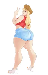 Size: 1303x2048 | Tagged: suggestive, artist:sundown, derpibooru import, applejack, human, applebucking thighs, applebutt, butt, clothes, female, freckles, humanized, image, jacqueline applebuck, jpeg, looking at you, looking back, looking back at you, muscles, muscular female, peace sign, shoes, shorts, simple background, sneakers, solo, solo female, white background, wide hips