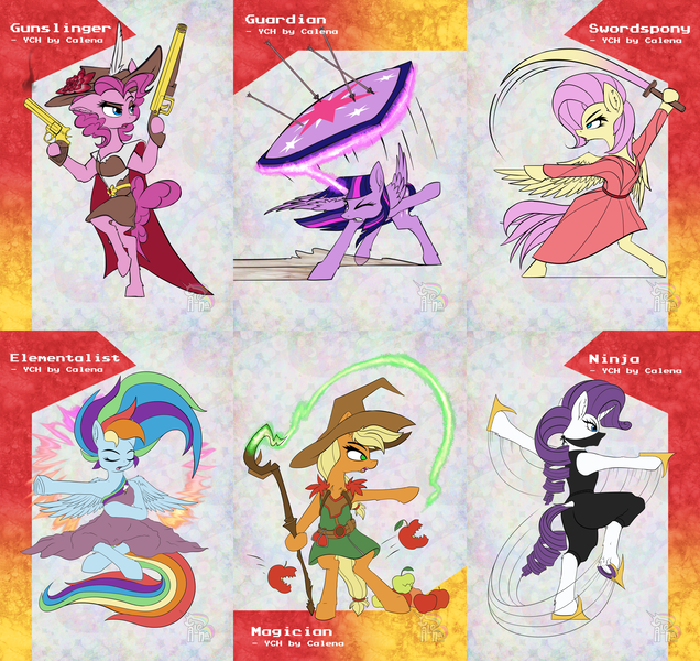 Size: 3507x3308 | Tagged: safe, artist:calena, derpibooru import, applejack, fluttershy, pinkie pie, rainbow dash, rarity, twilight sparkle, pony, badass, character class, clothes, colored, commission, cute, dexterous hooves, fantasy class, flat colors, flutterbadass, gun, hoof hold, horn, image, magic, magician, magician outfit, mane six, ninja, png, rpg, shotgun, sword, swordpony, weapon, wings, ych example, your character here