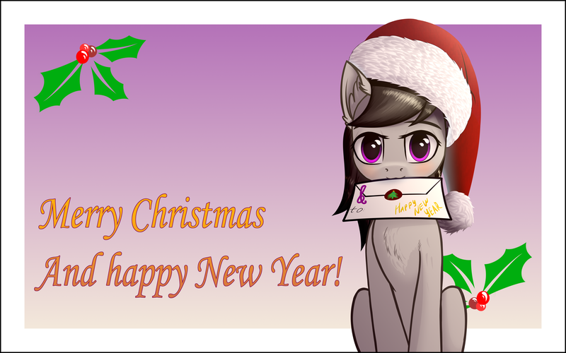 Size: 8000x5000 | Tagged: safe, alternate version, artist:colourwave, derpibooru import, octavia melody, pony, absurd resolution, christmas, cute, delivery, happy new year, hat, holiday, image, letter, letter in mouth, merry christmas, new year, png, postcard, santa hat, sitting