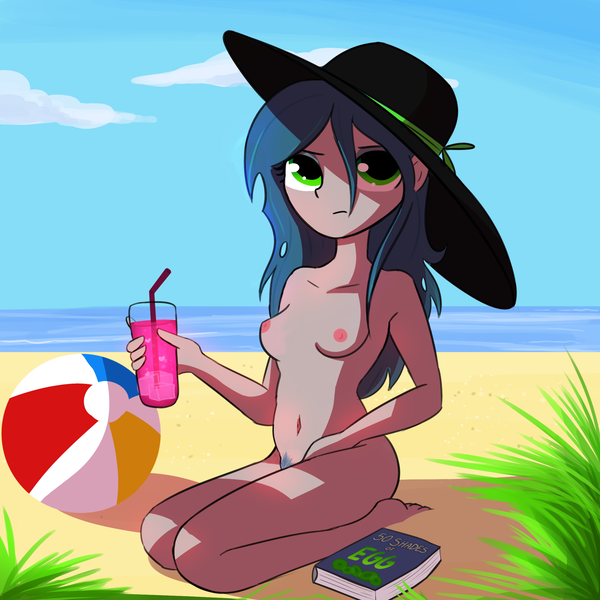 Size: 2250x2250 | Tagged: questionable, alternate version, artist:tjpones, derpibooru import, part of a set, queen chrysalis, equestria girls, barefoot, beach, beach ball, belly button, book, breasts, casual nudity, drink, equestria girls-ified, feet, female, fifty shades of grey, hat, image, looking at you, nipples, nude beach, nudity, png, pubic hair, reference, solo, solo female, sun hat
