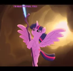 Size: 950x936 | Tagged: safe, derpibooru import, edit, edited screencap, screencap, twilight sparkle, twilight sparkle (alicorn), alicorn, pony, my little pony: the movie, comic, guardians of the galaxy vol. 2, i'm mary poppins y'all, image, mary poppins, png, screencap comic, staff, staff of sacanas, yondu