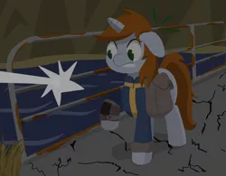 Size: 1920x1500 | Tagged: safe, artist:toshimatsu, derpibooru import, oc, oc:littlepip, unofficial characters only, pony, unicorn, fallout equestria, fanfic, bag, clothes, cracks, derpibooru exclusive, fanfic art, female, hooves, horn, image, mare, night, pipbuck, png, raised hoof, river, rust, saddle bag, solo, standing, tail, vault suit