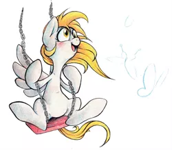 Size: 1372x1204 | Tagged: safe, artist:sony-shock, derpibooru import, derpy hooves, butterfly, insect, pegasus, pony, blushing, happy, image, jpeg, looking up, solo, swing, swinging
