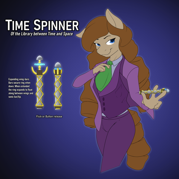 Size: 1078x1080 | Tagged: safe, artist:nudeknightart, derpibooru import, oc, oc:time spinner, anthro, earth pony, big hair, clothes, colored, doctor who, female, image, png, solo, sonic screwdriver, suit