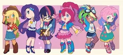 Size: 2000x896 | Tagged: safe, artist:miyata__0529, derpibooru import, kotobukiya, applejack, fluttershy, pinkie pie, rainbow dash, rarity, sci-twi, twilight sparkle, twilight sparkle (alicorn), alicorn, equestria girls, applejack's hat, bishoujo, book, boots, chibi, clothes, cowboy hat, cute, denim shorts, glasses, goggles, goggles on head, hat, human coloration, humane five, humane six, i can't believe it's not sci-twi, image, jpeg, kotobukiya applejack, kotobukiya fluttershy, kotobukiya pinkie pie, kotobukiya rainbow dash, kotobukiya rarity, kotobukiya twilight sparkle, looking at you, multicolored hair, shoes, shorts, twilight's professional glasses, wristband