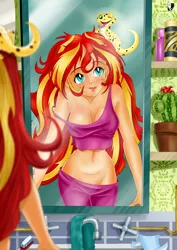 Size: 1000x1414 | Tagged: suggestive, artist:lord--opal, derpibooru import, ray, sunset shimmer, gecko, leopard gecko, lizard, reptile, equestria girls, adorasexy, bathroom, belly button, breasts, busty sunset shimmer, cactus, cleavage, clothes, cute, human coloration, image, jpeg, messy hair, messy mane, midriff, mirror, morning ponies, off shoulder, pajamas, sexy, shimmerbetes, sleeveless, strap slip