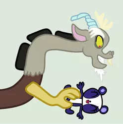 Size: 2696x2720 | Tagged: safe, artist:jadethepegasus, derpibooru import, discord, bear, draconequus, panda, crossover, duo, eyes closed, female, gray background, image, jpeg, littlest pet shop, male, penny ling, simple background, tickle torture, tickling