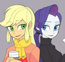 Size: 1620x1533 | Tagged: safe, artist:haibaratomoe, derpibooru import, applejack, rarity, equestria girls, clothes, coffee, cup, digital art, female, freckles, image, lesbian, looking at each other, open mouth, png, rarijack, scarf, shipping, simple background, smiling, sweater