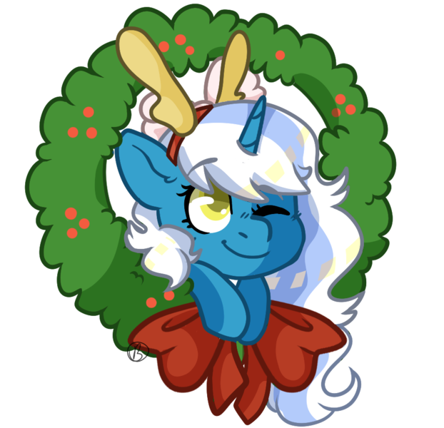 Size: 954x920 | Tagged: safe, artist:bub-a-dubb, derpibooru import, oc, oc:fleurbelle, alicorn, pony, alicorn oc, bow, cute, female, hair bow, holly, horn, image, mare, one eye closed, png, simple background, transparent background, wings, wink, wreath