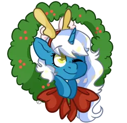 Size: 954x920 | Tagged: safe, artist:bub-a-dubb, derpibooru import, oc, oc:fleurbelle, alicorn, pony, alicorn oc, bow, cute, female, hair bow, holly, horn, image, mare, one eye closed, png, simple background, transparent background, wings, wink, wreath