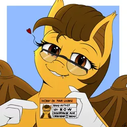 Size: 2000x2000 | Tagged: safe, artist:h3nger, derpibooru import, oc, oc:hotkey, unofficial characters only, bat pony, hybrid, pony, bat pony oc, bat wings, claws, female, glasses, id card, image, lip bite, png, solo, wings