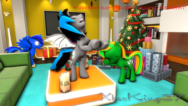 Size: 1280x720 | Tagged: safe, artist:xboxking37, derpibooru import, oc, oc:midnightstar, oc:radiantaura, bat pony, earth pony, christmas, christmas tree, dissapoint, drunk, eggnog, hearth's warming, holiday, image, png, present, spiked drink, tree