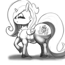Size: 1440x1440 | Tagged: safe, artist:ladylullabystar, artist:tracerpainter, derpibooru import, oc, oc:moonride, alicorn, pony, black and white, chubby, cutie mark, grayscale, image, large butt, monochrome, png, short, side view, simple background, solo, white background