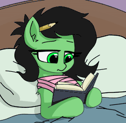 Size: 1383x1350 | Tagged: safe, artist:plunger, artist:retro melon, derpibooru import, oc, oc:anonfilly, earth pony, pony, animated, bandaged chest, bed, bedroom, book, comfy, female, filly, gif, image, implied injury, pencil, pencil behind ear, pillow, reading, solo, spoilers for another series