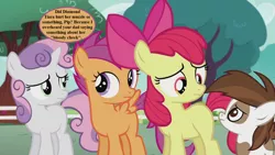 Size: 1280x720 | Tagged: safe, derpibooru import, edit, edited screencap, screencap, apple bloom, pipsqueak, scootaloo, sweetie belle, crusaders of the lost mark, bow, image, implied diamond tiara, mane bow, png, pun, separated by a common language, speech, speech bubble, talking, tree, vulgar